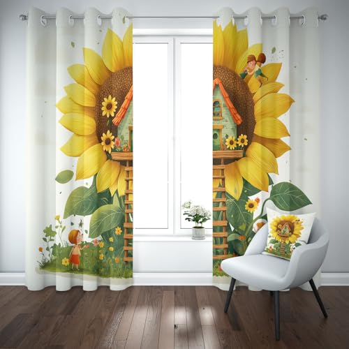 Kioldoq Sonnenblume Blumenmuster Vorhang Blickdicht Schlafzimmer, Gelbe Blume Gardinen Wohnzimmer 2er Set, Blüten Pflanzen Verdunklungsgardine Mit Ösen, Thermovorhang Kälteschutz 225x140 cm von Kioldoq