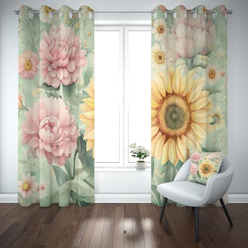 Kioldoq Sonnenblume Blumenmuster Vorhang Ösen Verdunkelung, Floral Botanisch Vorhange 220x140 cm, Gänseblümchen Blüten Blickdichte Gardinen Wohnzimmer 2er Set, Thermovorhang Kälteschutz Schlafzimmer von Kioldoq