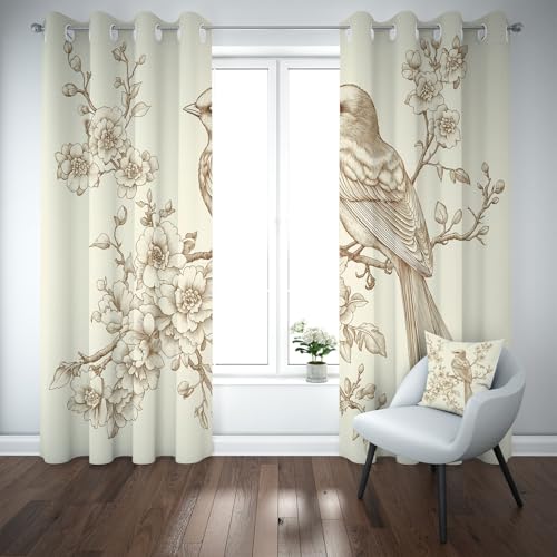 Kioldoq Spatz Zweig Verdunkelungsvorhang Ösen, Vogel Tier Vorhang Blickdicht 2er Set, Blüten Pflanzen Curtain Blackout Schlafzimmer, Thermovorhang Kälteschutz, Gardinen Wohnzimmer 215 x110 cm von Kioldoq