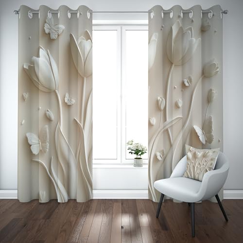 Kioldoq Tulpe Blumenmuster Gardine mit Osen 2er Set 225x140cm Thermovorhang Kälteschutz, Blüten Botanisch Schmetterling Verdunkelungsvorhang Schlafzimmer, Pflanzen Floral Blickdicht Vorhang Wohnzimmer von Kioldoq