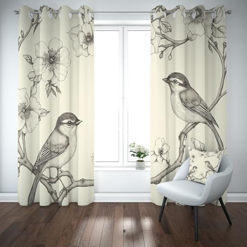 Kioldoq Vogel Tier Vorhang Blickdicht Schlafzimmer, Spatz Zweig Gardinen Wohnzimmer 2er Set, Blüten Pflanzen Verdunklungsgardine Mit Ösen, Thermovorhang Kälteschutz 183 x 117 cm von Kioldoq