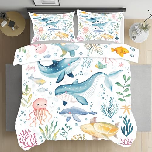 Kioldoq Wal Fisch Koralle Bettwäsche-Set Weich Aus Mikrofaser Tier Meerestiere Karikatur Bettwäsche 3teilig 155x220cm, Oktopus Unterwasserwelt Bettbezug Bügelfrei Mit Reißverschluss Und 2 Kissenbezug von Kioldoq
