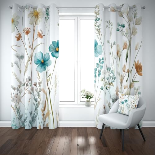 Kioldoq Wildblumen Floral Vorhang 160x140cm, Blumenmuster Pflanzen Gardinen Blickdicht, Blüten Thermovorhang Kälteschutz 2er Set, Blackout Curtain, Schallschutz Vorhang Ösen Wohnzimmer Schlafzimmer von Kioldoq