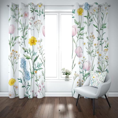 Kioldoq Wildblumen Floral Vorhang 160x140cm, Blumenmuster Pflanzen Gardinen Blickdicht, Blüten Thermovorhang Kälteschutz 2er Set, Blackout Curtain, Schallschutz Vorhang Ösen Wohnzimmer Schlafzimmer von Kioldoq
