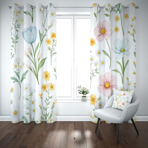 Kioldoq Wildblumen Floral Vorhang Blickdicht Schlafzimmer, Blumenmuster Pflanzen Gardinen Wohnzimmer 2er Set, Blüten Botanisch Verdunklungsgardine Mit Ösen, Thermovorhang Kälteschutz 225x140 cm von Kioldoq