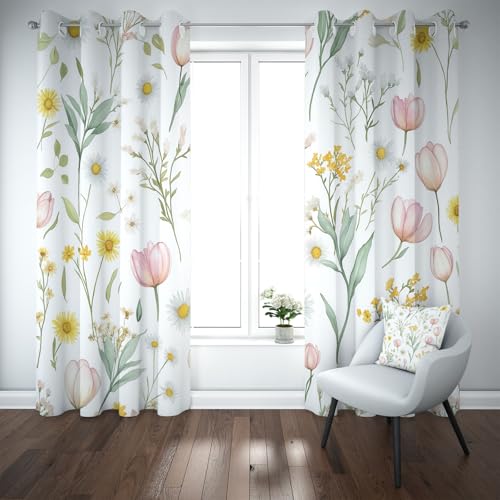 Kioldoq Wildblumen Floral Vorhang Ösen Verdunkelung, Blüten Botanisch Vorhange 175x 140 cm, Blumenmuster Pflanzen Blickdichte Gardinen Wohnzimmer 2er Set, Thermovorhang Kälteschutz Schlafzimmer von Kioldoq