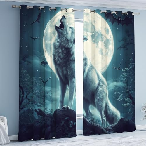 Kioldoq Wolf Tier Verdunklungsvorhänge, Blickdicht Vorhänge Wildtiere Mond 2er Set mit Osen 145x140 cm Fledermaus Nachthimmel Vorhänge für Schlafzimmer, Thermovorhang Kälteschutz Wohnzimmer von Kioldoq