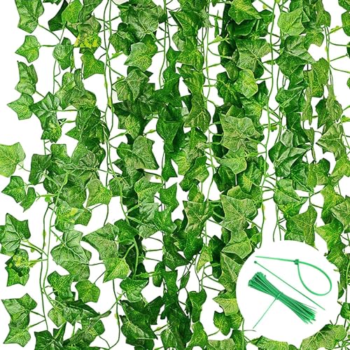 12 Stück Künstlicher Efeu Grün mit Nylon Kabelbinder Pflanzen Efeu Künstlich Girlande für Garten Hochzeit Party Wanddekoration - 2.2m von Kiperline