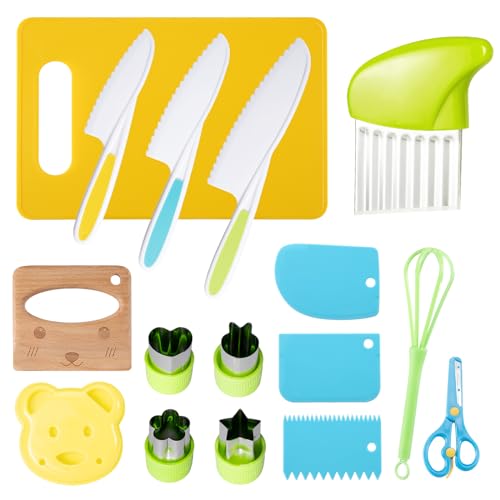 Kindermesser 16-teiliges Kinderküchenmesserset zum Schneiden und Kochen von Obst oder Gemüse für Kleinkinder Inklusive Holzmesser-Schneideblock von Kiperline