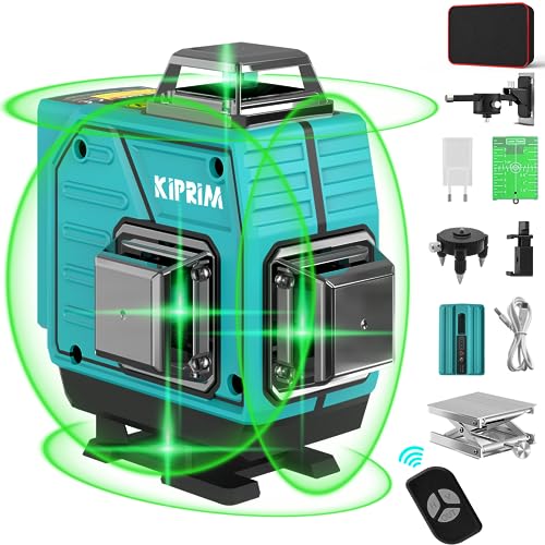 Kiprim 4x360 Professional Linienlaser 16 Linien 40M Grün Selbstnivellierender Kreuzlaser mit 3 Modi,Magnetische Wandhalterung,wiederaufladbarer Batterie LV4D für Innenbereich Baustelle von Kiprim