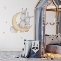 Hase Auf Dem Mond, Kinderzimmer Wandtattoo, Wolken Wandsticker, Aquarell Tiere, Schlafende Gender Neutral, Wandtattoo Für Kinder von KiraArtDecals