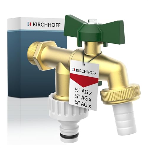 KIRCHHOFF 99720224 Doppelwasserhahn 1/2 Zoll x 3/4 Zoll x 3/4 Zoll, Garten Wasserhahn mit 2 Anschlüssen, 2-Wege-Außenwasserhahn für Gartenschlauch, Auslaufhahn für Keller und Garten von Kirchhoff
