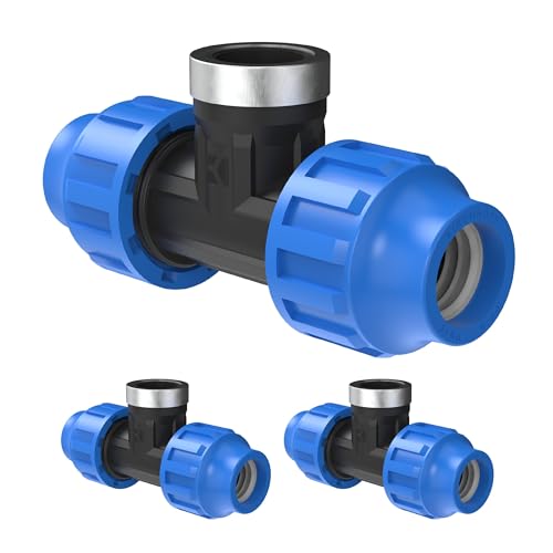 Kirchhoff Fitting T-Übergangsstück mit Innengewinde Kunststoff 3/4 x 32 mm für HDPE Rohr 3 Stück im Set Verschiedene Größen DVGW geprüft Trinkwasserqualität Made in EU, Schwarz HDPE Fitting von Kirchhoff
