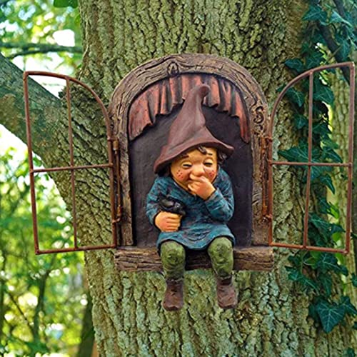 Elf Out The Door Tree Hugger, Gartenzwerg Statue, Garten GNOME Statue Baumstamm Deko, 3D Zwergbaumfenster, Mini Gartenzwerg Aus Kunstharz, Lustige Zwergenstatue Aus Kunstharz Für Außenbereich von Kirdume