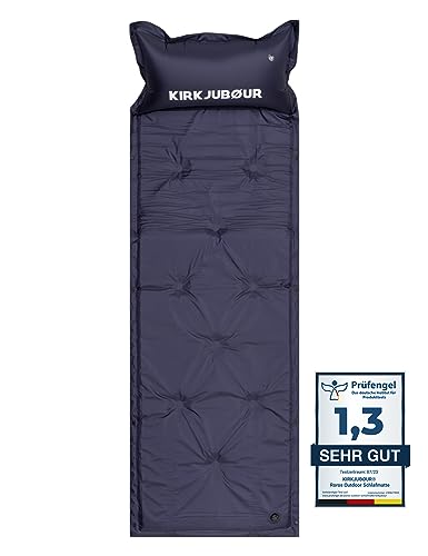 Kirkjubøur® Roros Premium selbstaufblasende Outdoor Schlafmatte mit Kopfkissen. Isolierend und dämpfend, optimal zum Zelten, kompakt zusammen rollbar. Maße (LxBxH): ca. 175 cm x 60 cm x 3 cm (blau) von Kirkjubøur