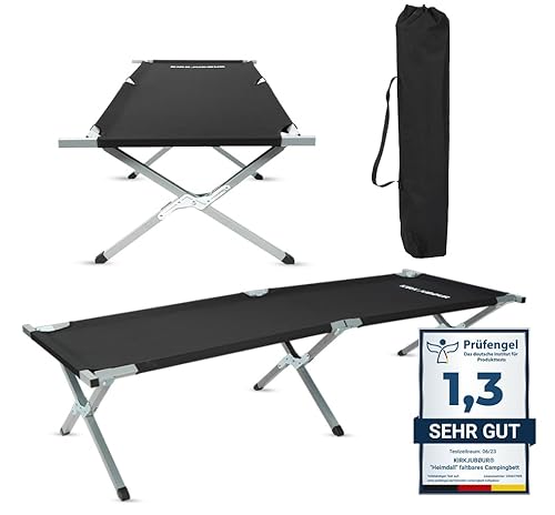 Kirkjubøur® "Heimdall faltbares Campingbett mit pflegeleichter, abwischbarer Liegefläche und rutschsicheren Füßen. Inklusive Tragetasche. Maße: 190 cm x 72 cm, In Vier (schwarz) von Kirkjubøur