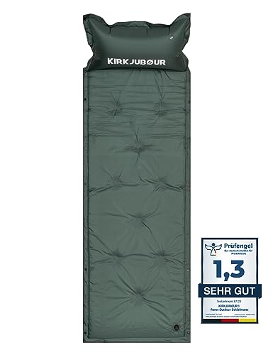 Kirkjubøur® Roros Premium selbstaufblasende Outdoor Schlafmatte mit Kopfkissen. Isolierend und dämpfend, optimal zum Zelten, kompakt zusammen rollbar. Maße (LxBxH): ca. 175 cm x 60 cm x 3 cm (grün) von Kirkjubøur