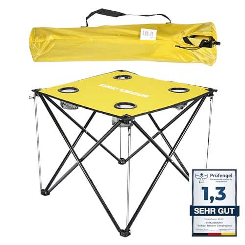 Kirkjubøur® Solkatt Faltbarer Campingtisch Klapptisch 58x58 x51 cm mit Getränkehalter für Picknick Camping Reisen (Ocker) von Kirkjubøur