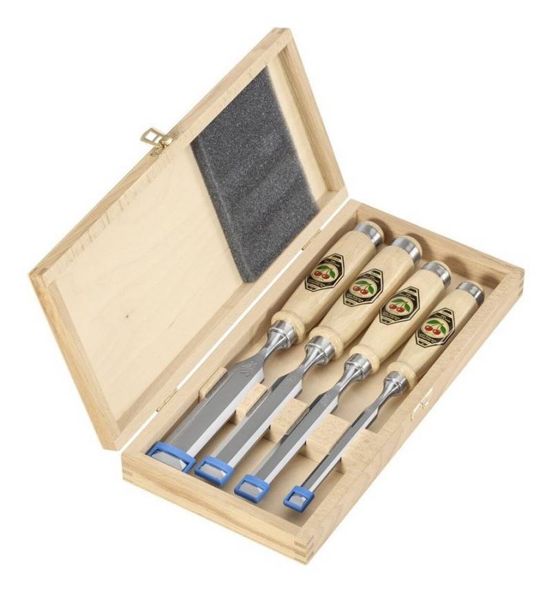 Kirschen Stechbeitel, Stechbeitelsatz 4 - tlg. im Holzkasten mit abgeflachtem Weißbuchenheft von Kirschen