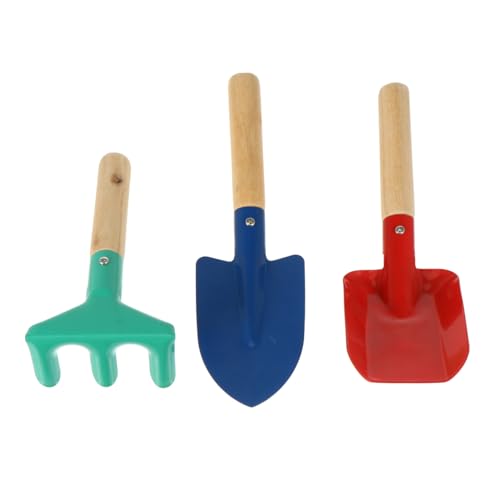 Kisangel 3 Stück Teiliges Gartenspielzeug Set für Metallspaten und Rechen Leichter Holzgriff Robustes Pflanzwerkzeug für Garten Strand und Sandkasten für Mädchen und Jungen Zufällige Farbe von Kisangel
