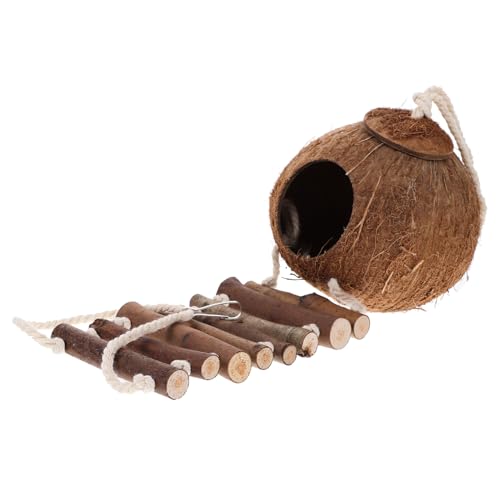 Kisangel Einsiedlerkrebs Versteck aus Holz mit Leiter und Aufhängeschlaufe Leichtes Reptilienhaus mit Natürlichem Kokosnuss Design als Geschützter Rückzugsort für Kleine Reptilien und von Kisangel