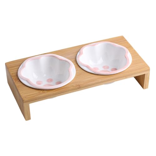 Kisangel Keramik Katzennapf mit Bambusgestell Wiederverwendbar Spülmaschinenfest rutschfest Leicht zu Reinigen Ergonomisch Erhöht für Gesunde Katzenfütterung als Katzenzubehör und Geschenk von Kisangel