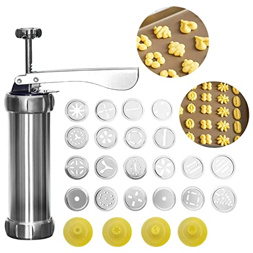 Kisbeibi 25-teiliges Kekspressen-Set, Aluminiumlegierung, Kekspressen-Set mit 20 Scheiben und 4 Düsen, Keksformer-Werkzeug für Heimwerker, Keksbereiter und Dekoration (Silber/Gelb) von Kisbeibi