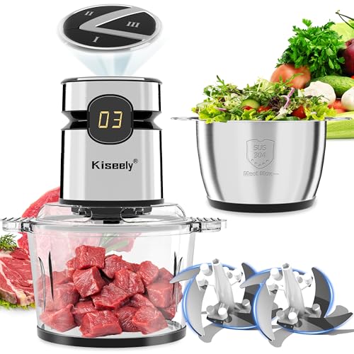 Elektrischer Multi-Zerkleinerer mit LED-Display, Universalzerkleinerer mit 3 Geschwindigkeiten, 2 Schüsseln und 2 Sätzen mit zweistufigen Klingen, 500W Fleisch und Gemüsewolf für Fleisch (DB1) von Kiseely