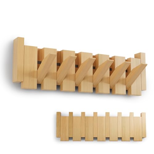 Kiseely Garderobenhaken, Holz Kleiderhaken, an der Wand befestigter handgefertigter natürlicher Haken, platzsparender Kleiderbügel mit 10-Flip-Down-Haken für Wohnkultur (Buche Q1, 6-Haken) von Kiseely