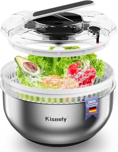 Salatschleuder aus Edelstahl, leicht zu drückender großer Gemüsetrockner, Zum Salat waschen und trocknen, 4,2L, mit Schüssel und Deckel aus Edelstahl 304 für Salat, Gemüse, Kräuter, Beeren (HJ1) Salatschleuder aus Edelstahl, leicht zu drückender großer Gemüsetrockner, Zum Salat waschen und trocknen, 4,2L, mit Schüssel und Deckel aus Edelstahl 304 für Salat, Gemüse, Kräuter, Beeren (HJ1) von Kiseely
