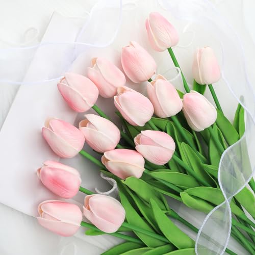 Kisflower 12Pcs Latex künstliche Tulpen - Fake Tulpen künstliche Blumen Faux Tulpen Real Touch Blume für Haus Büro Hochzeit Dekoration （Rosa） von Kisflower