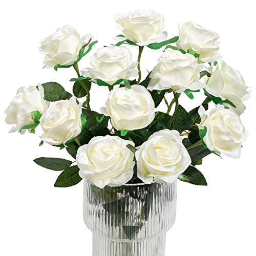 Kisflower 12Pcs Rosen Künstliche Blumen Realistische Einzelstielblumen Seidenrosenstrauß für Hochzeitsfeier Büro Home Decor (Weiß) von Kisflower