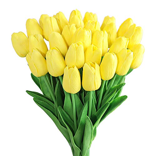 Kisflower 30 Stück Latex-Tulpen fühlen sich echt an, gelbe künstliche Blumen, künstliche Tulpen, Arrangement, Blumenstrauß für Zuhause, Büro, Hochzeitsdekoration (gelb) von Kisflower