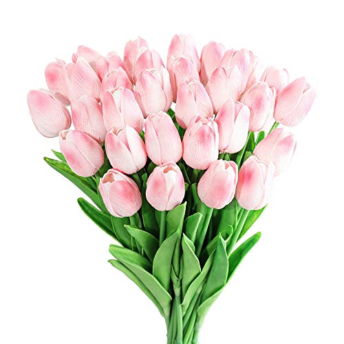 Kisflower 30Pcs Künstliche Tulpen Latex Tulpen Blumen Gefälschter Tulpenstrauß Echte Berührungsblumen für Dekor (Rosa) von Kisflower