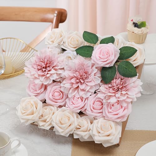 Kisflower Rosa künstliche Blumen Combo Fake Rose Faux Dahlie Blumen mit Stielen für DIY Hochzeit Brautstrauß Party Home Dekorationen (Rosa) von Kisflower