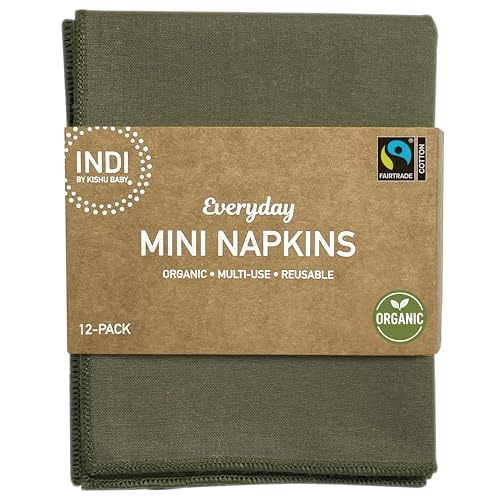Indi by Kishu Baby Mini-Servietten-Set, Fairtrade-zertifiziert, 100 % Bio-Baumwolle, waschbar, 12 wiederverwendbare Musselin-Servietten für alle Anlässe (Dark Olive) von Kishu Baby