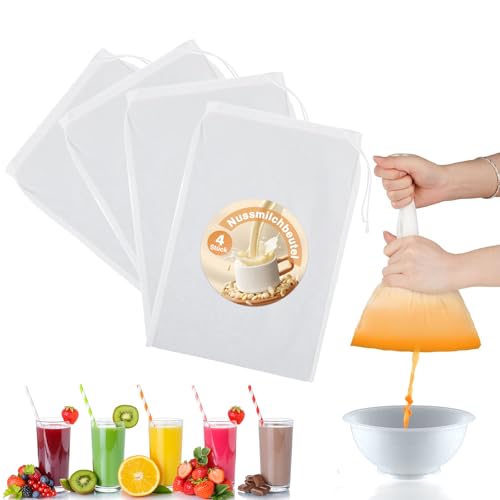 4 Stück Nussmilchbeutel, Passiertuch Wiederverwendbar 30 x 20 cm, Käsetuch Bio Waschbar Feinmaschiges Filterbeutel mit Kordelzug, Abseihtuch Waschbar Nylon Nussbeutel für Käse Fruchtsaft Sojamilch von Kisstta