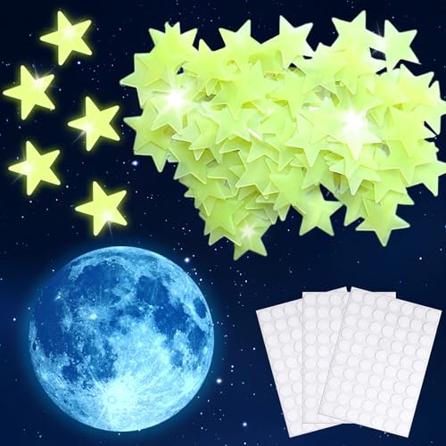 Kisstta 300 Stück Gelb Leuchtsterne Selbstklebend 1 Blauer Mond, 3D Kunststoff Leuchtende Sterne Kinderzimmer, 3 * 3CM Klebesterne Leuchtend im Dunkeln,Room Decoration von Kisstta