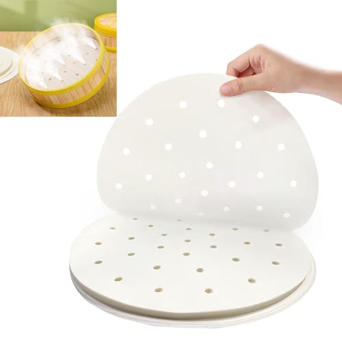 Kisstta 25 cm Backpapier für Heißluftfritteuse, 50 Stück Rund Antihaft Pergament Papier Als Dim Sum Papier, Dampfgarer Papier für Heißluftfritteuse, Bambusdämpfer, Steamer Liner von Kisstta