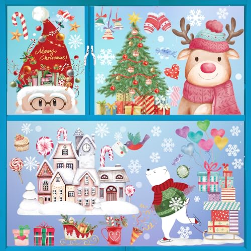 Fensterbilder Weihnachten Selbstklebend,Aquarell Weihnachts Fensterbilder Wiederverwendbar Doppelseitig Static Kinder Weihnachtsdeko Fenster,200 Pcs Winter Aufkleber Fensterstickerdeko Fensterfolie von Kissweetime