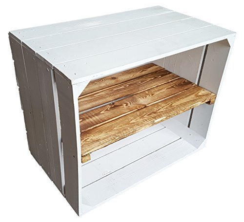 flambierte/geflammte Bücherregal - Schuhregalkiste mit Zwischenbrett/Mittelbrett Einlage ca 50x40x30cm / Apfelkisten Weinkisten Holzkisten aus dem Alten Land (Weiss MIT GEFLAMMTER Einlage LÄNGS) von Kistenkolli Altes Land