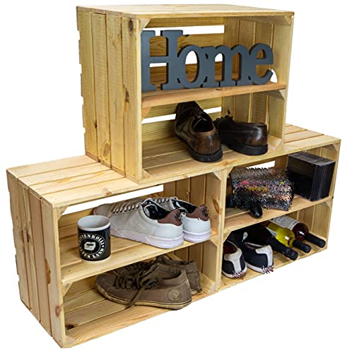 3er Set Massive Bücherregalkisten/Regalkisten/Schuhregalkisten Johanna mit einem Mittelbrett Apfelkiste Weinkiste aus dem Alten Land 50 x 40x x30cm (Natur MIT Einlage LÄNGS) von Kistenkolli Altes Land