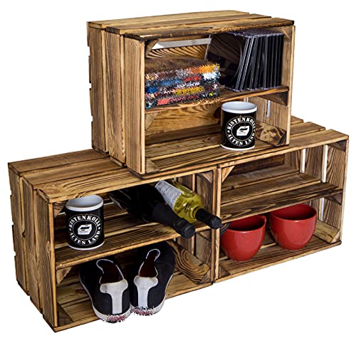 3er Set Vintage Kisten geflammt 40x30x25cm mit Längsbrett Deko & Möbelkisten Wohnwand Obstkisten Weinkisten Optik DIY Upcycling von Kistenkolli Altes Land
