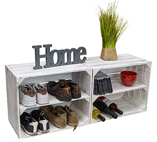 Holzkisten Shabby weiss Schuhablage Schuhständer DIY Upcycling Regalbau Schuhaufbewahrung für Kinder und Erwachsene stabiles Regal in Obstkisten Weinkisten Optik (Shabby weiss Längs, 2er Set) von Kistenkolli Altes Land