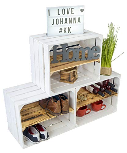 Kistenkolli Altes Land 3er Set Neue Weisse Obstkisten mit geflammten Regalbrett LÄNGS Apfelkiste Weinkiste Ablagekiste Schuhregalkiste +++50 x 30 x 40 cm von Kistenkolli Altes Land