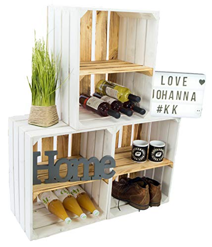 3er Set Neue weiße Obstkiste Johanna/Schuhregal Ablageregal Schuhbox Weinkiste Apfelkiste Holzkiste Regalkiste Ablagekiste (3er Set Weiss mit geflammtem Boden QUER GEFLAMMT) von Kistenkolli Altes Land