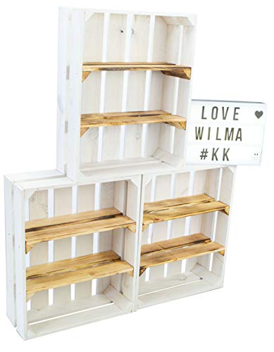Kistenkolli Altes Land Flache Holzkiste Wohnwand 50 x 40 x 15cm Gewürzregal Ablageregal Wohnwand Trennwand Sideboard Weinkiste Hängeregal (3er Set Wilma Weiss geflammt) von Kistenkolli Altes Land
