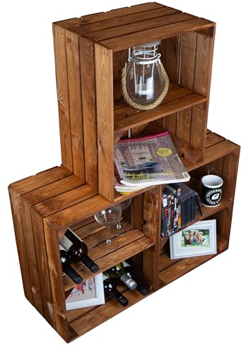 Holzkiste Ocker Schuhablage Schuhständer DIY Upcycling Regalbau Schuhaufbewahrung stabiles Regal in Obstkisten Weinkisten Optik (Ocker mit Querbrett, 3er Set) von Kistenkolli Altes Land