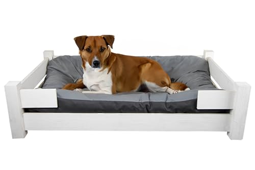 Hundekorb Winston XL aus Holz mit Kissen 100x60x25cm Hundekorb Hundekissen Schlafplatz Vintage Hundesofa (Weiss) von Kistenkolli Altes Land