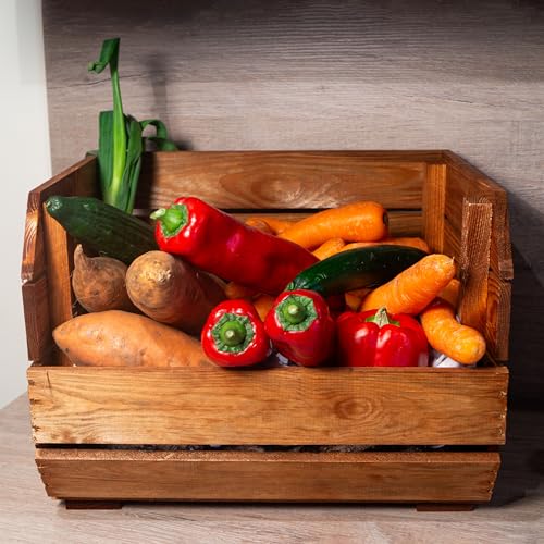 Regalkiste Olaf Kartoffelsteige 40x33x30 cm Gemüsekiste Obsthorde Gemüsekorb Obstschale Weinkiste Obstkiste Apfelkiste Holzkiste Küchenregal (1er Set Ocker) von Kistenkolli Altes Land